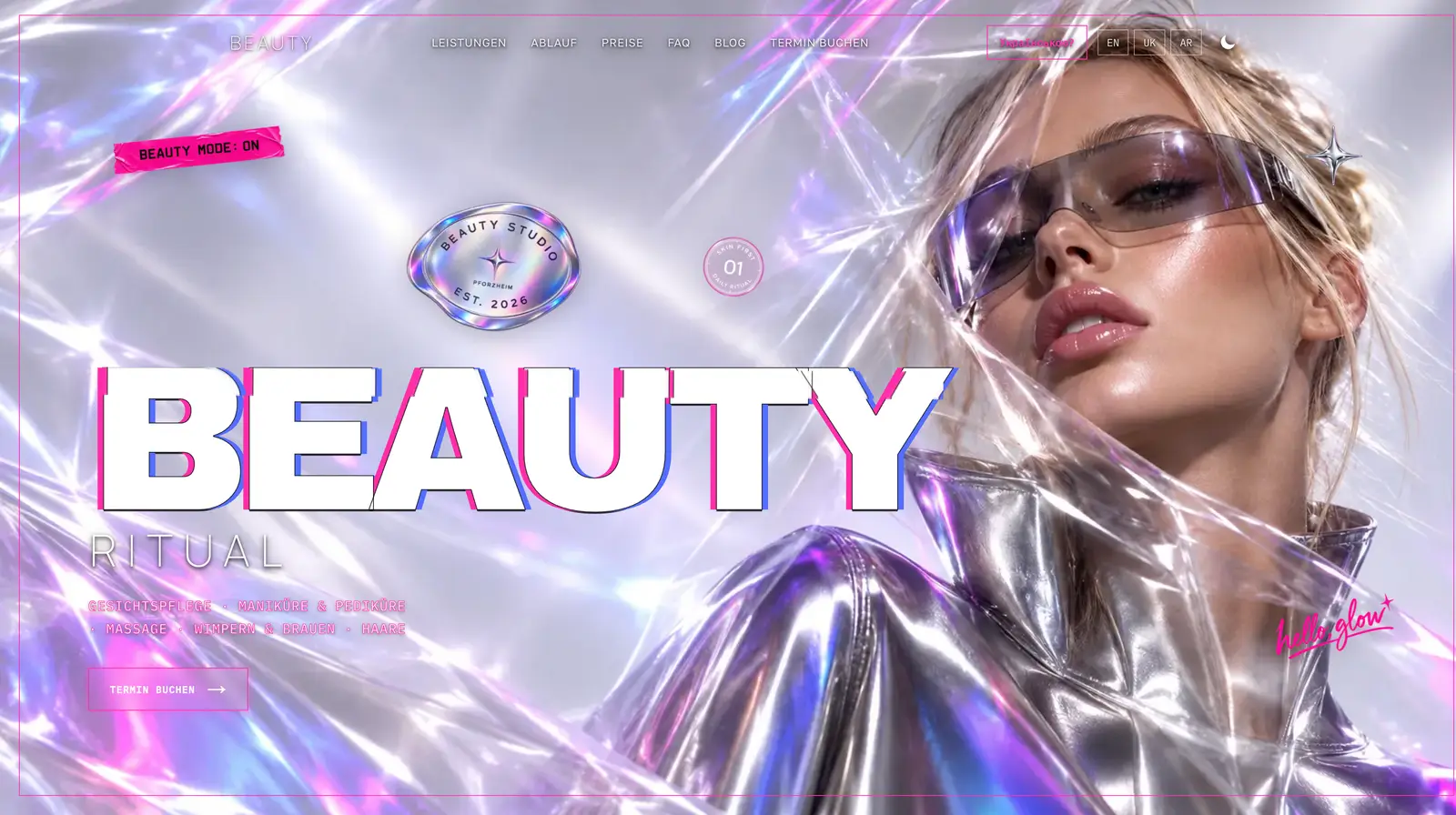 Website für Beauty Salon Landing – mehrsprachiger Auftritt für ein Beauty-Studio mit Editorial/Y2K-Ästhetik