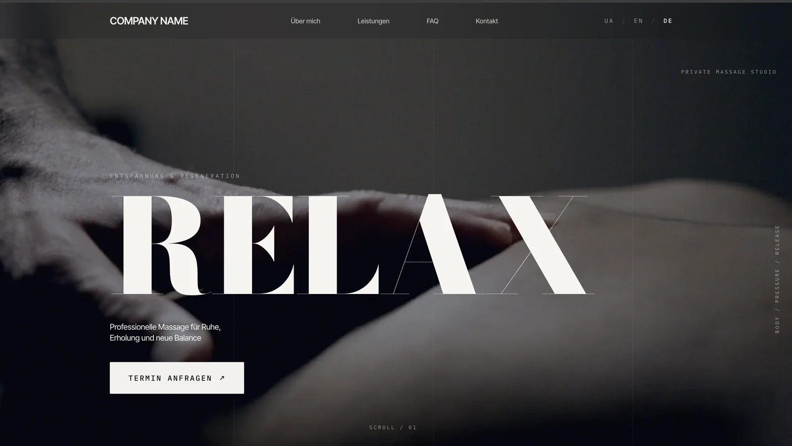Website für Relax Massage Studio – editorial gestaltete Seite für ein privates Massagestudio